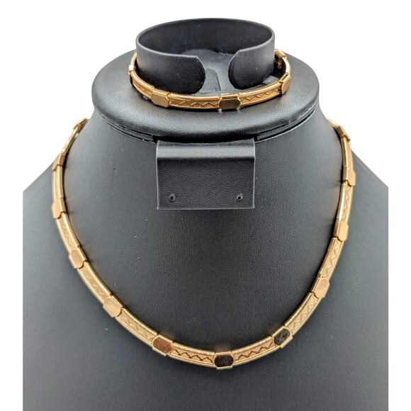 Gold Tone Egyptian Segmented Necklace & Matching Bracelet W/ Fold Over Clasps - Picture 1 of 8